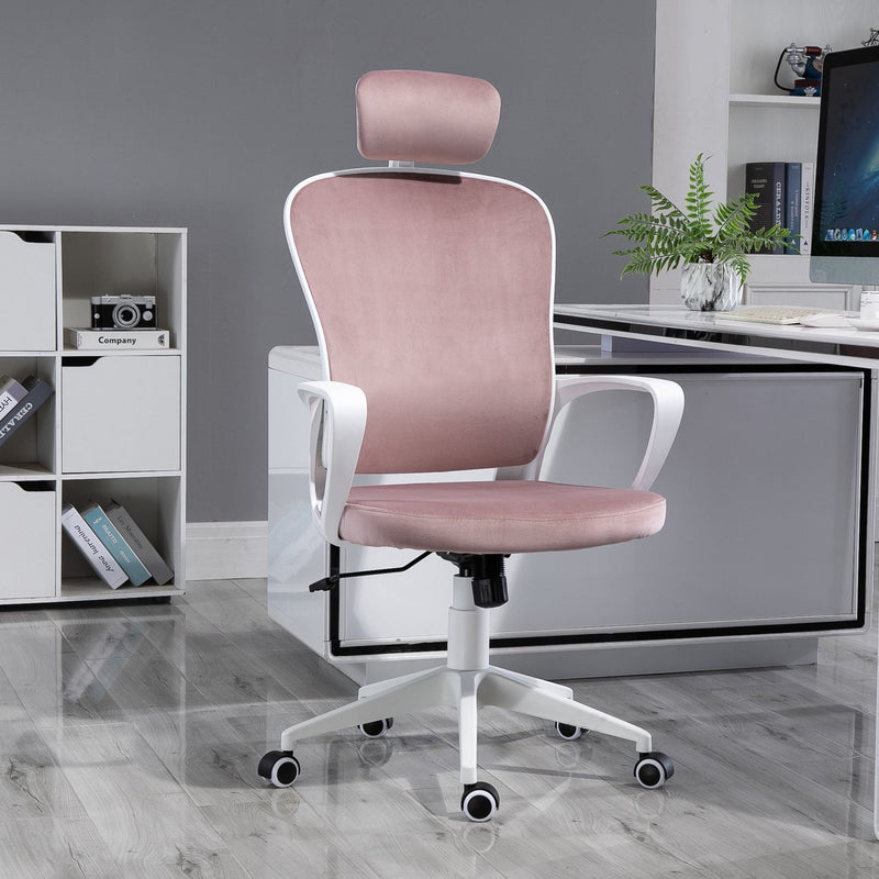 Vinsetto High-Back Office Chair Velvet Style Fabric Computer Home Rocking with Wheels, Rotatable Liftable Headrest, Pink w/ Wheel, Up-Down Headrest