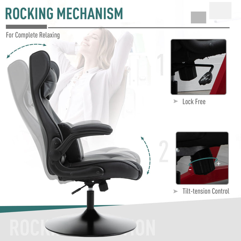Vinsetto Swivel Video Game Chair Rocker Racing Style Office leisure Chair Ergonomic Rocking Office Chair with Pedestal Base, Adjustable Armrest and Headrest Black Base Lumbar Support