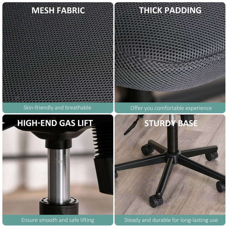 Vinsetto Leisure Office Chair Mesh Fabric Computer Home Study Bedroom Armless with Wheels, Grey Swivel Armless