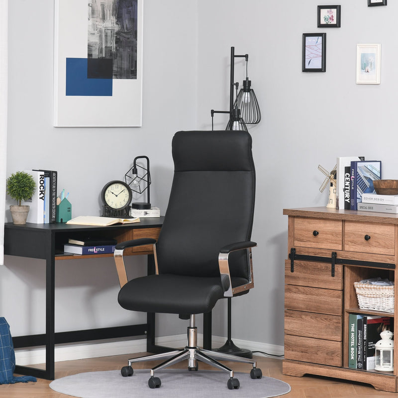 Vinsetto Office Chair Faux Leather High-Back Rocker Swivel Computer Desk Chair with Wheels, Steel Base, Black w/