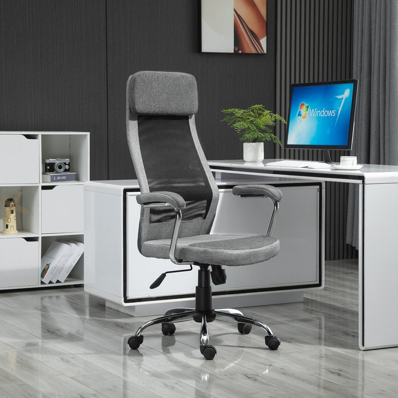 Vinsetto Office Chair Linen-Feel Mesh Fabric High Back Swivel Computer Task Desk Chair for Home with Arm, Wheels - Grey