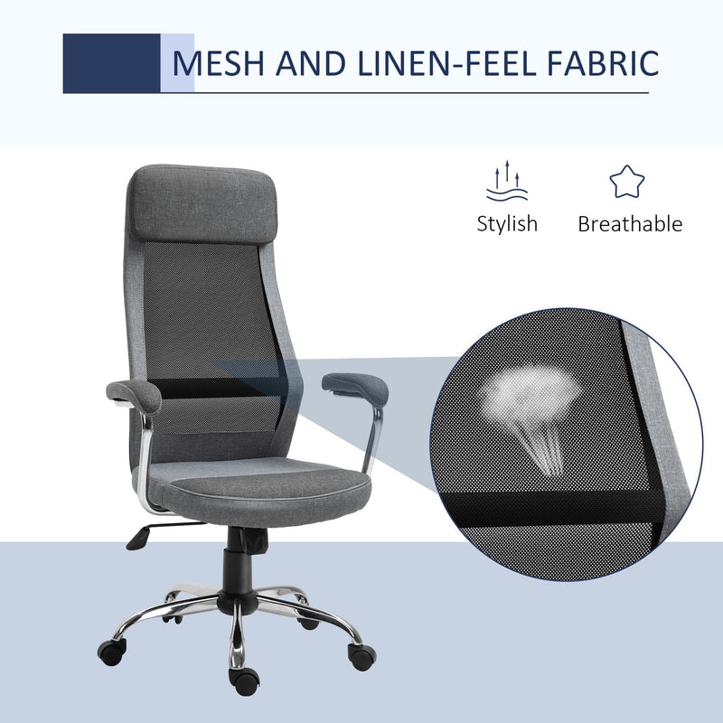 Vinsetto Office Chair Linen-Feel Mesh Fabric High Back Swivel Computer Task Desk Chair for Home with Arm, Wheels - Grey