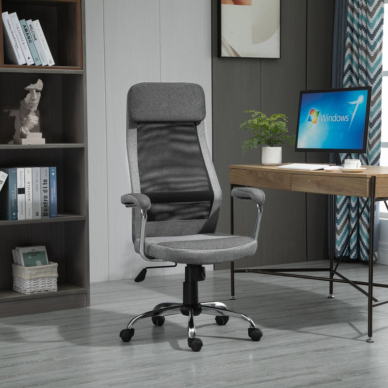 Vinsetto Office Chair Linen-Feel Mesh Fabric High Back Swivel Computer Task Desk Chair for Home with Arm, Wheels - Grey