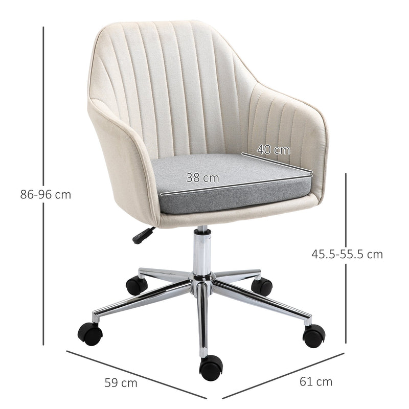 Vinsetto Leisure Office Chair Linen Fabric Swivel Scallop Shape Computer Desk Chair Home Study Bedroom with Wheels, Beige w/ Wheel