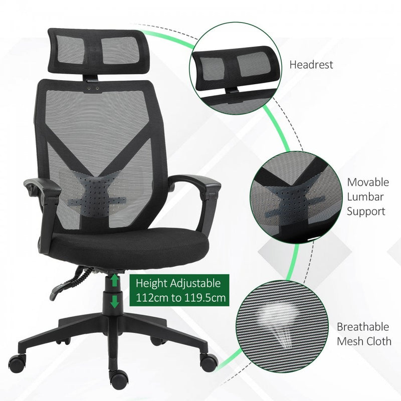 Vinsetto Swivel Chair Ergonomic Home Office Chair Reclining Mesh Back Chair High Back Desk Chair Cheap w/Lumbar Support Height Adjustable Free Moving Suitable For Working Relaxing Black