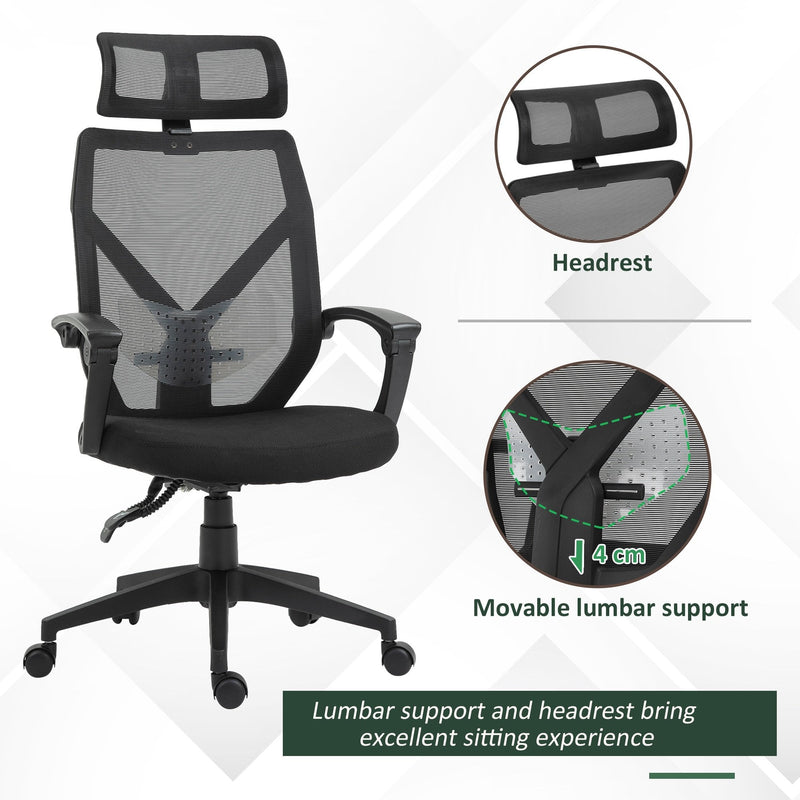 Vinsetto Swivel Chair Ergonomic Home Office Chair Reclining Mesh Back Chair High Back Desk Chair Cheap w/Lumbar Support Height Adjustable Free Moving Suitable For Working Relaxing Black