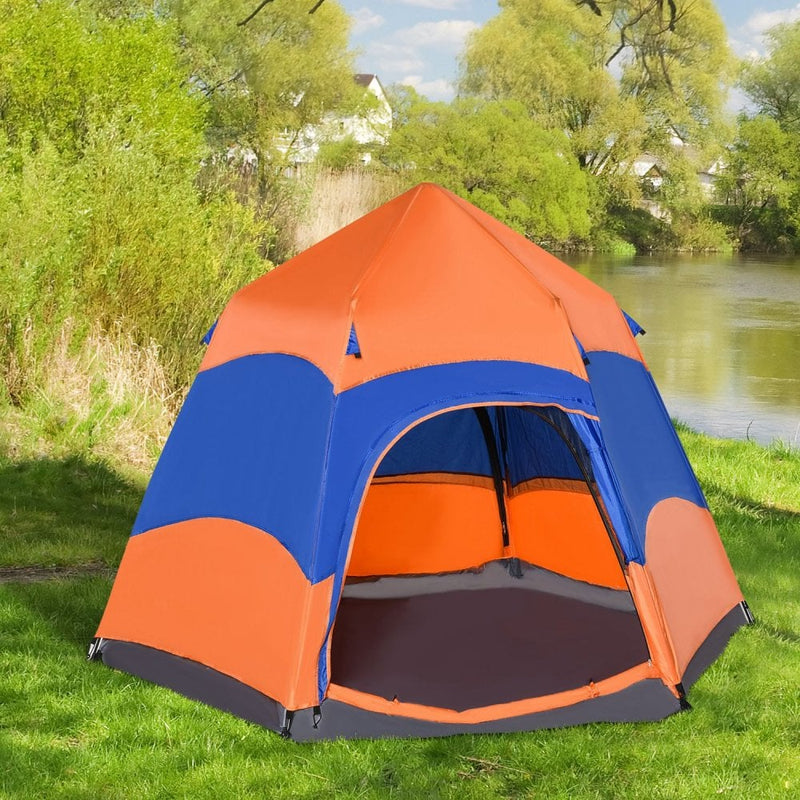 Outsunny 4 Man Hexagon Pop Up Tent -Orange & Blue