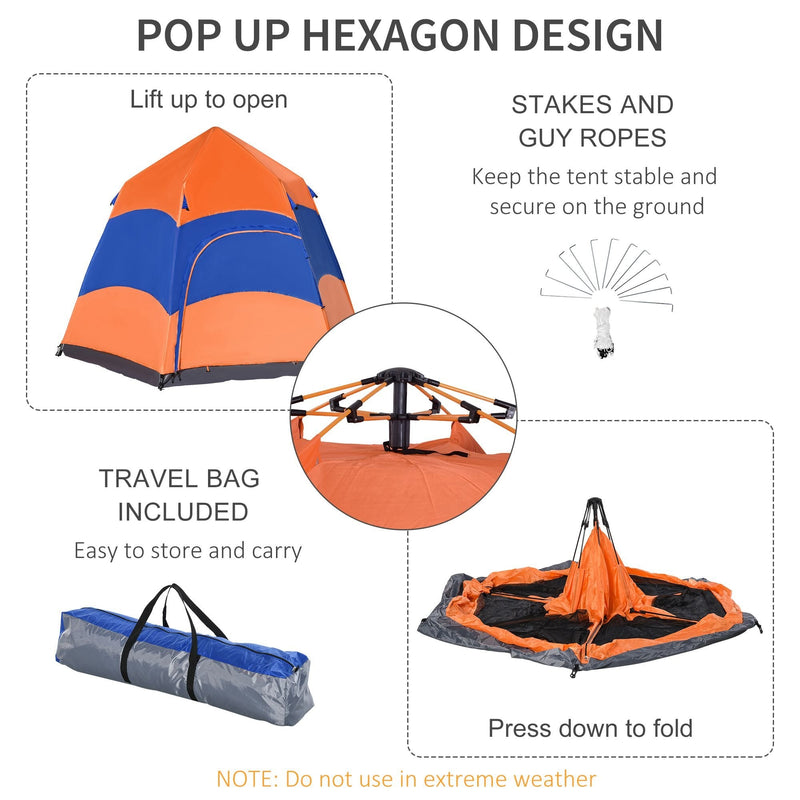 Outsunny 4 Man Hexagon Pop Up Tent -Orange & Blue