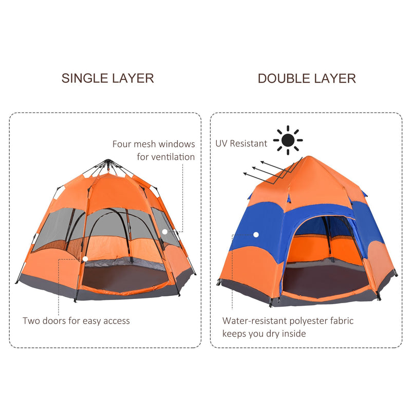 Outsunny 4 Man Hexagon Pop Up Tent -Orange & Blue