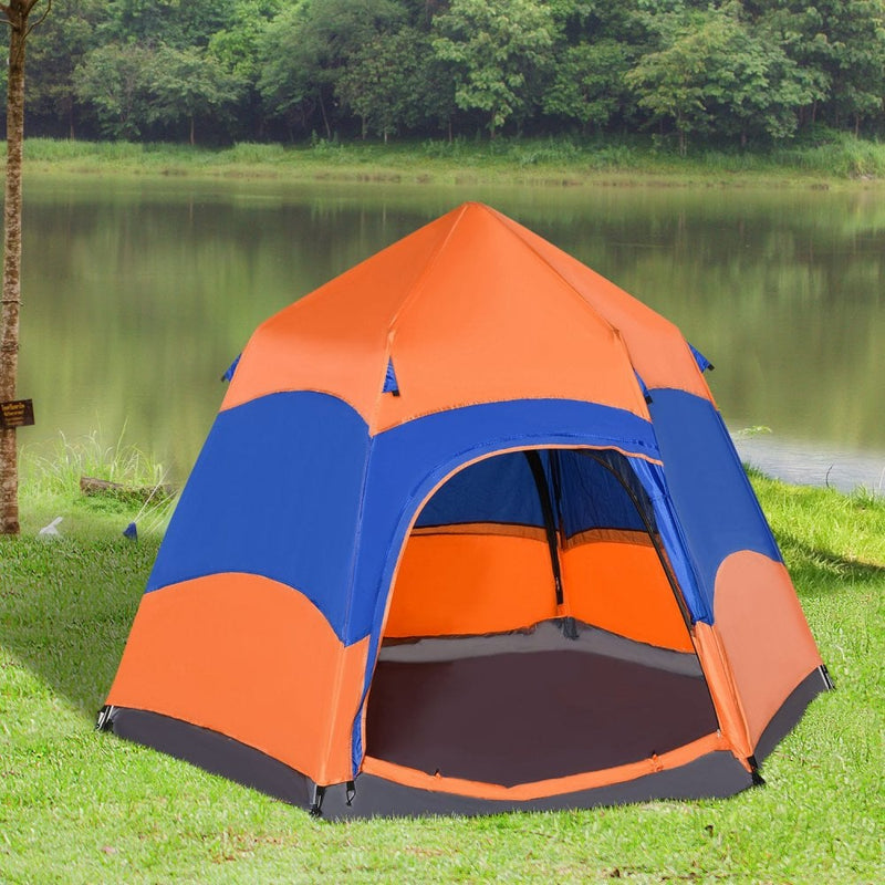 Outsunny 4 Man Hexagon Pop Up Tent -Orange & Blue