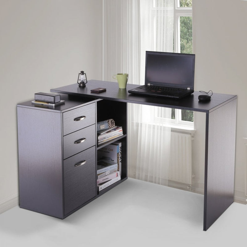 L Shape Computer Desk Table Workstation Home Office Drawer Shelf File Cabinet-Black