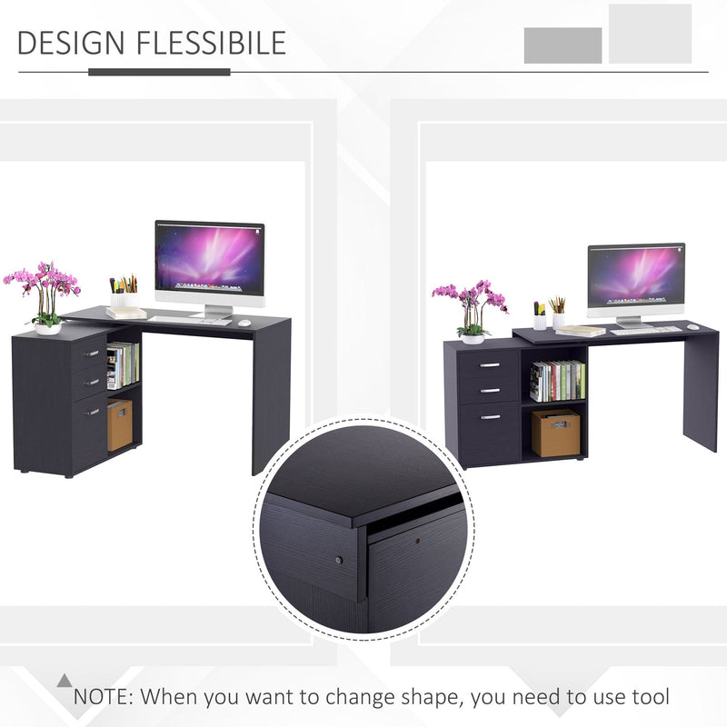 L Shape Computer Desk Table Workstation Home Office Drawer Shelf File Cabinet-Black