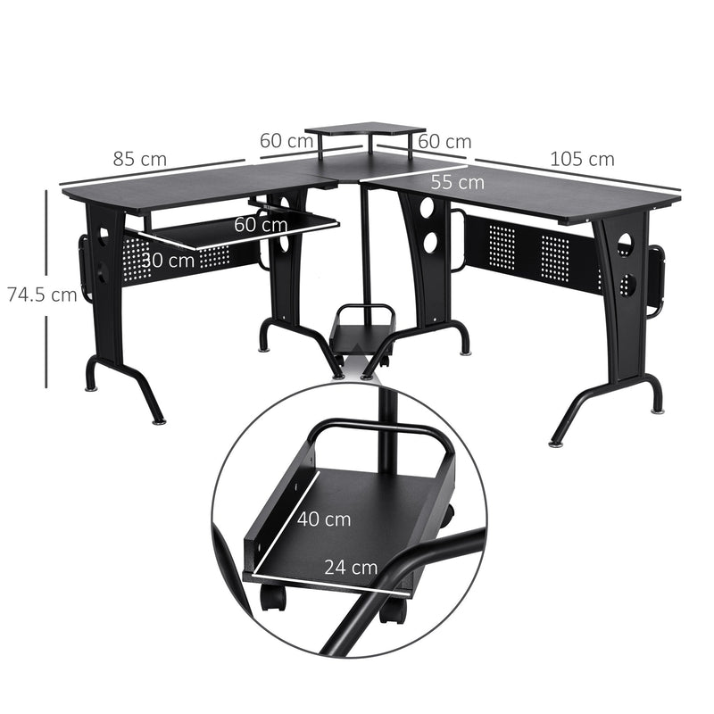 86.5H x 170L x 140Wcm Steel MDF Top L-Shaped Corner Desk w/ Keyboard Tray - Black