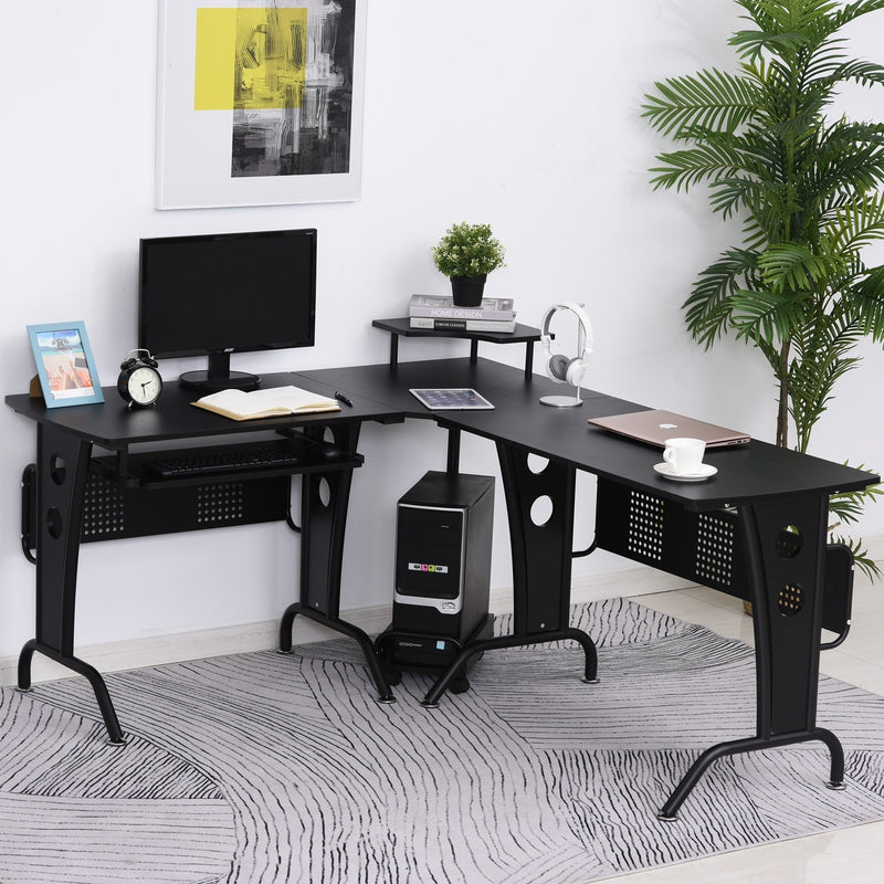 86.5H x 170L x 140Wcm Steel MDF Top L-Shaped Corner Desk w/ Keyboard Tray - Black