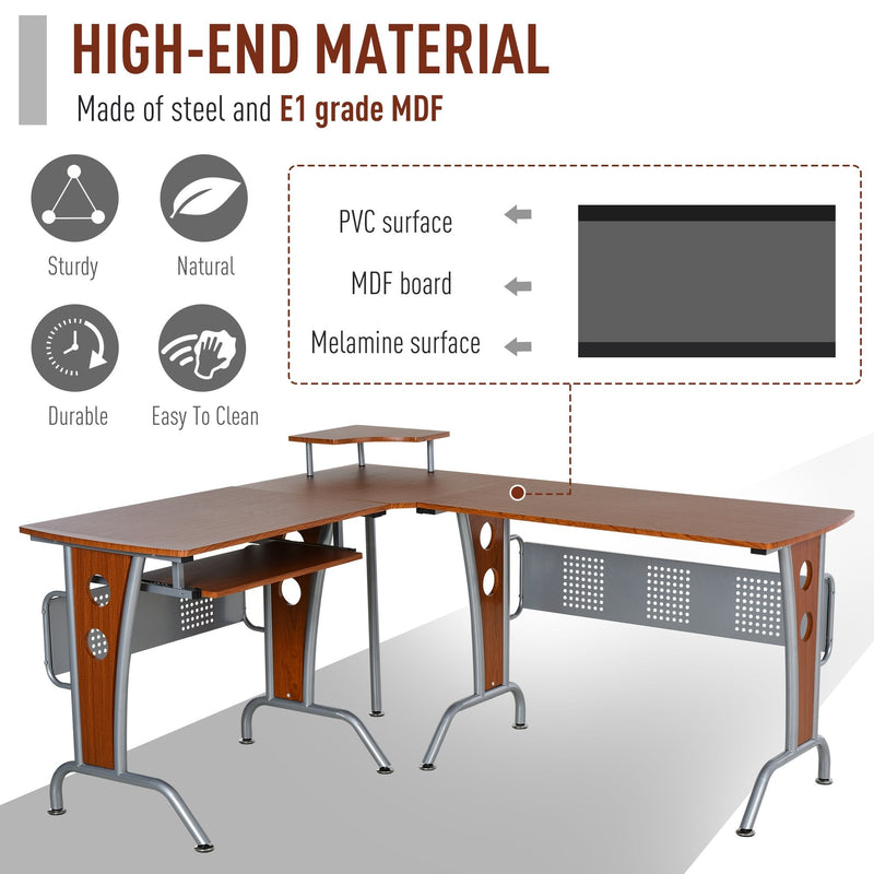 86.5H x 170L x 140W cm Steel MDF Top L-Shaped Corner Desk w/ Keyboard Tray Brown