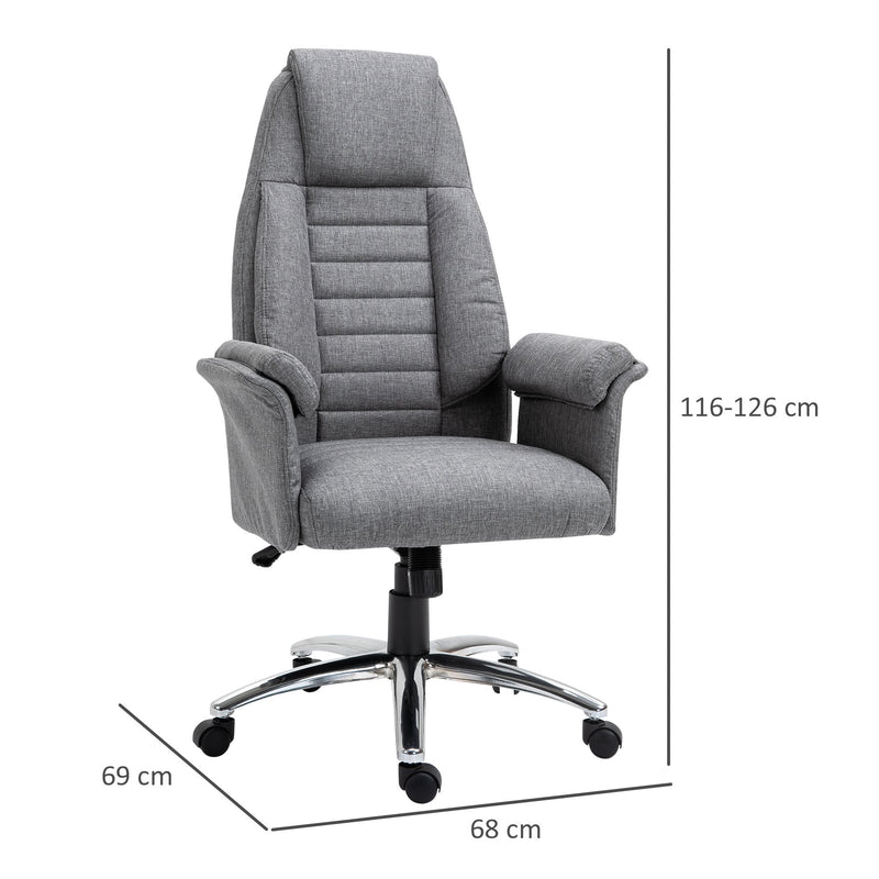High Back Office Chair Home Computer Linen-Feel Fabric with Wheels, Double-Tier Armrest, Grey Armrest