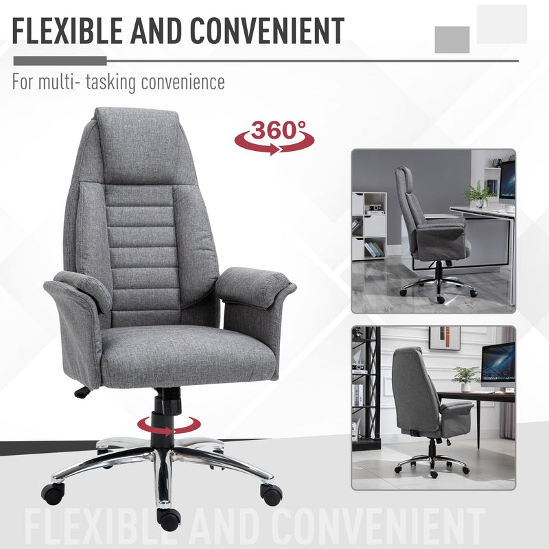 High Back Office Chair Home Computer Linen-Feel Fabric with Wheels, Double-Tier Armrest, Grey Armrest