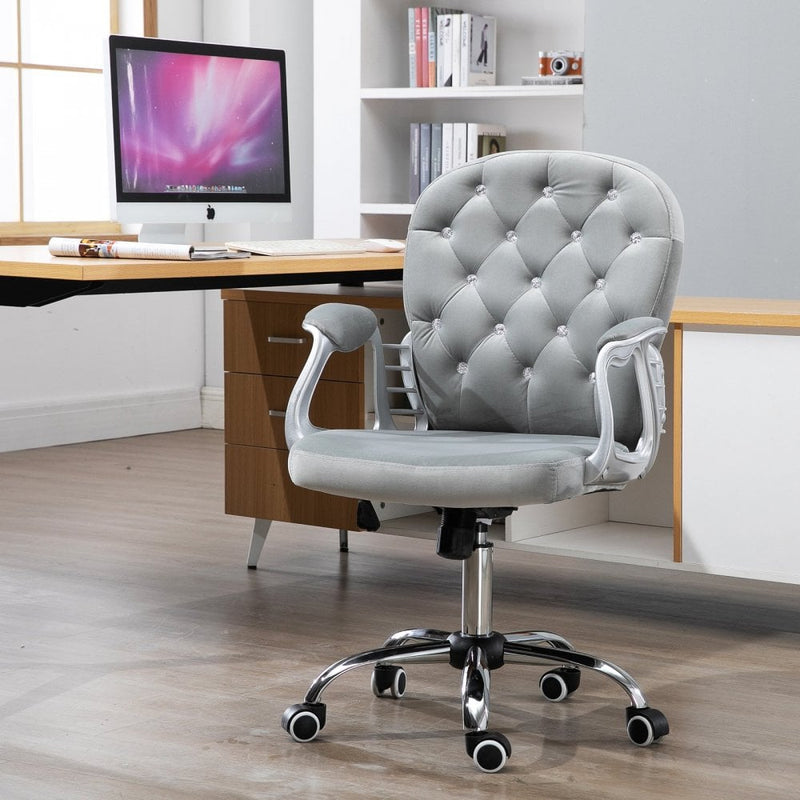 Vinsetto Velour Office Chair Diamante Tufted Padded Ergonomic 360 Swivel - Grey