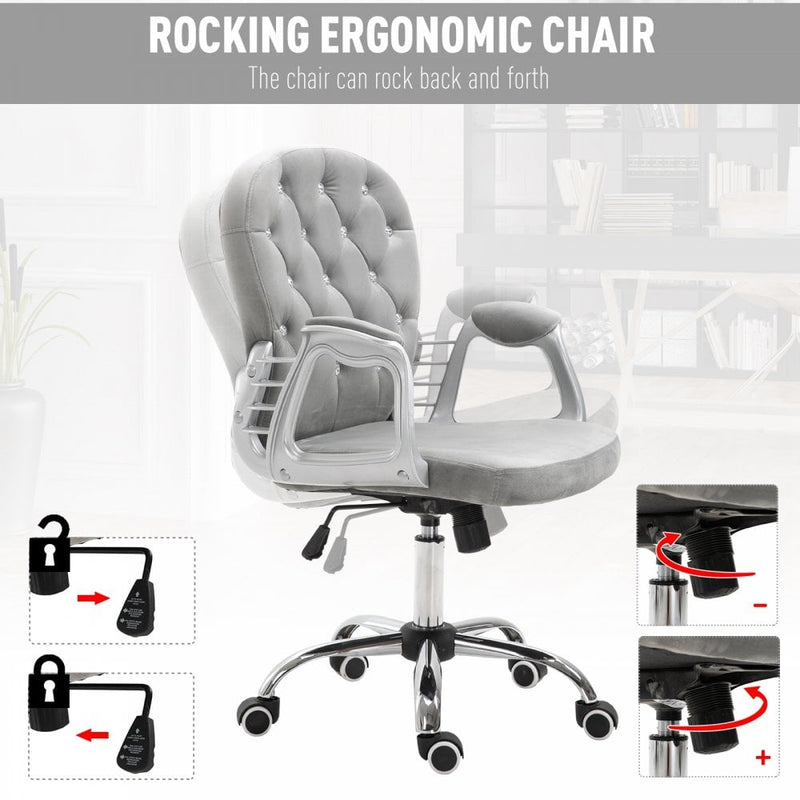 Vinsetto Velour Office Chair Diamante Tufted Padded Ergonomic 360 Swivel - Grey