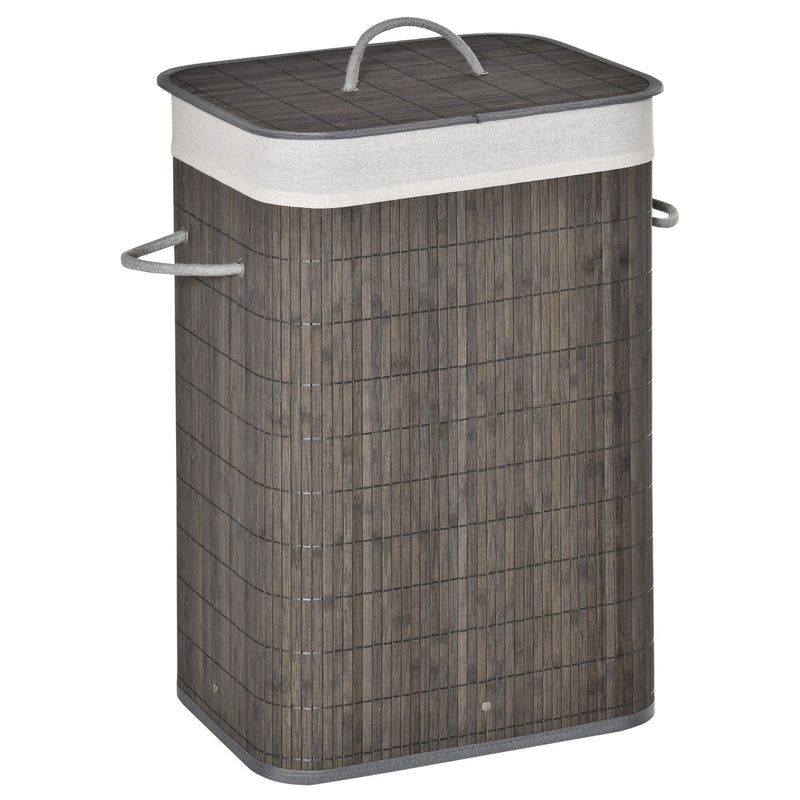 Bamboo Laundry Basket with Flip Lid and String Handles, Collapsible Hamper Removable Lining Board Base Foldable Water-Resistant Dirty Clothes Storage, Grey Handles Lining