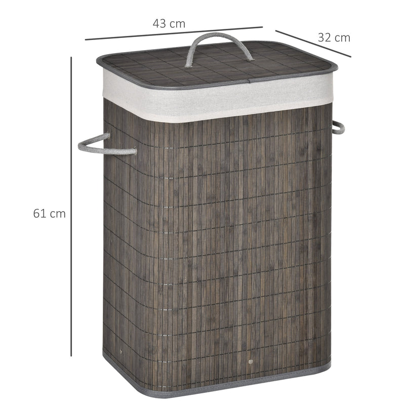 Bamboo Laundry Basket with Flip Lid and String Handles, Collapsible Hamper Removable Lining Board Base Foldable Water-Resistant Dirty Clothes Storage, Grey Handles Lining