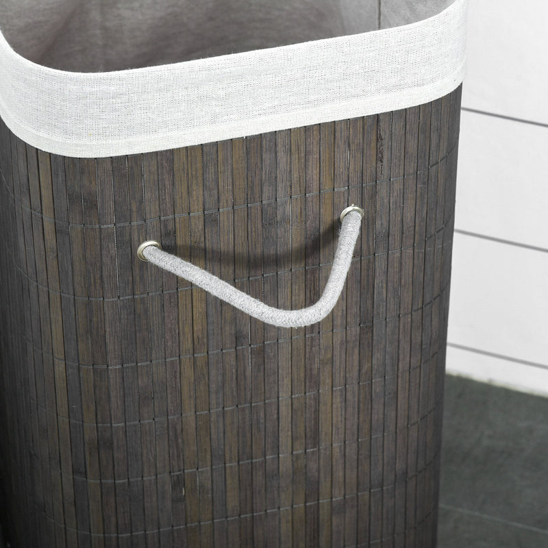 Bamboo Laundry Basket with Flip Lid and String Handles, Collapsible Hamper Removable Lining Board Base Foldable Water-Resistant Dirty Clothes Storage, Grey Handles Lining