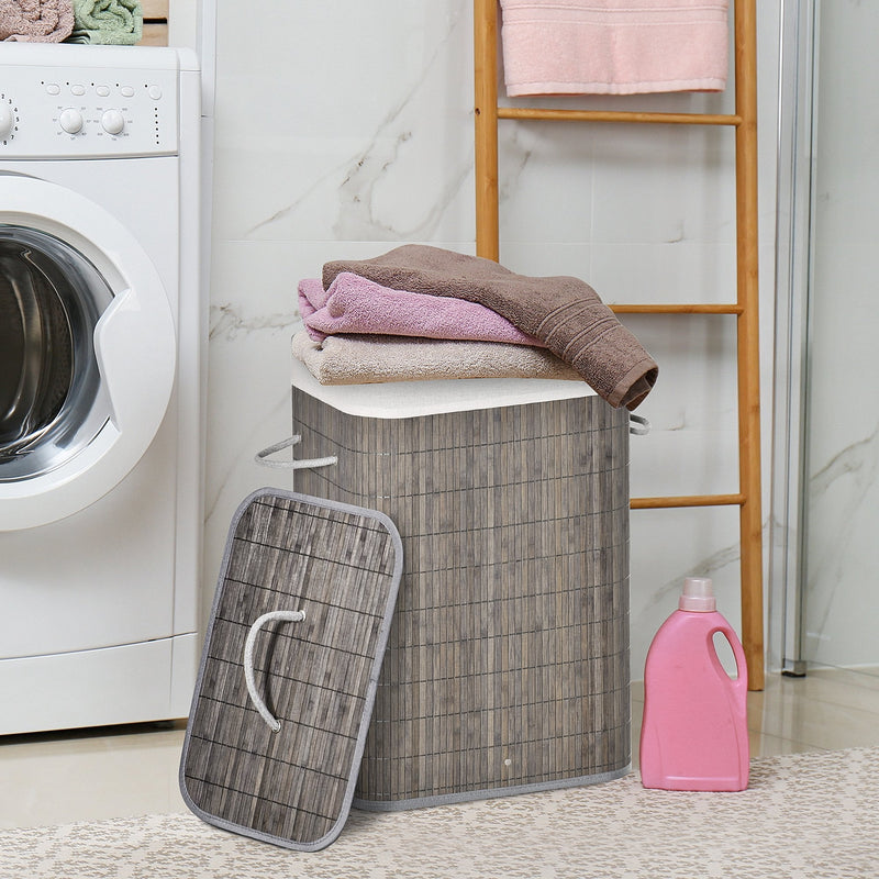 Bamboo Laundry Basket with Flip Lid and String Handles, Collapsible Hamper Removable Lining Board Base Foldable Water-Resistant Dirty Clothes Storage, Grey Handles Lining