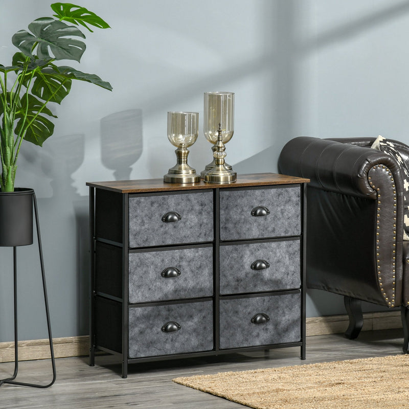 Industrial Chests of Drawer, Fabric Dresser Storage Cabinet, Top Shelf Steel Frame Handles - Rustic Grey & Black