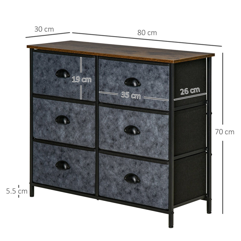 Industrial Chests of Drawer, Fabric Dresser Storage Cabinet, Top Shelf Steel Frame Handles - Rustic Grey & Black