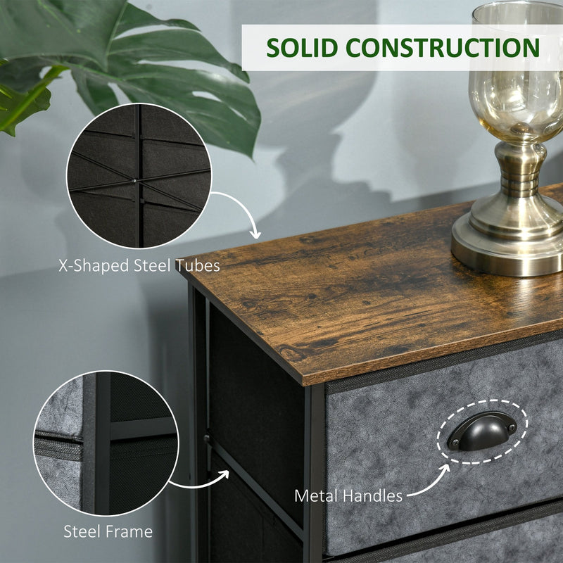 Industrial Chests of Drawer, Fabric Dresser Storage Cabinet, Top Shelf Steel Frame Handles - Rustic Grey & Black