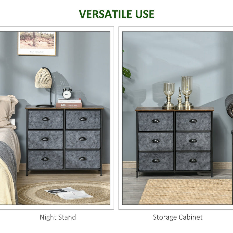 Industrial Chests of Drawer, Fabric Dresser Storage Cabinet, Top Shelf Steel Frame Handles - Rustic Grey & Black