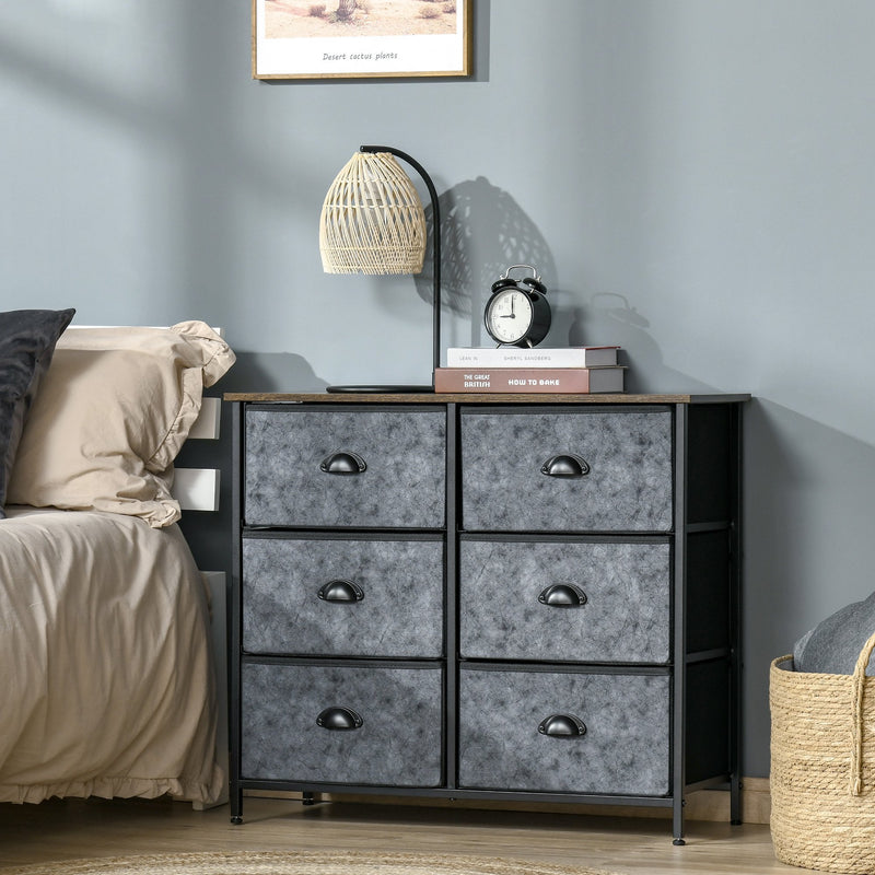 Industrial Chests of Drawer, Fabric Dresser Storage Cabinet, Top Shelf Steel Frame Handles - Rustic Grey & Black