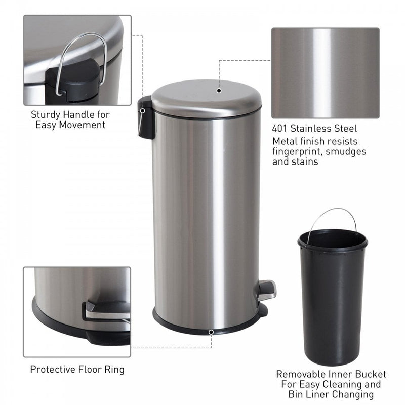 HOMCOM 30L Pedal Bin, 29.2 cm-Black/Silver