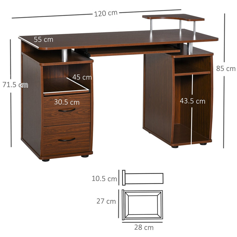 Computer Desk Office PC Table Workstation with  Keyboard Tray, CPU Shelf, Drawers, Sliding Scanner Shelf, Walnut Brown w/ Drawer