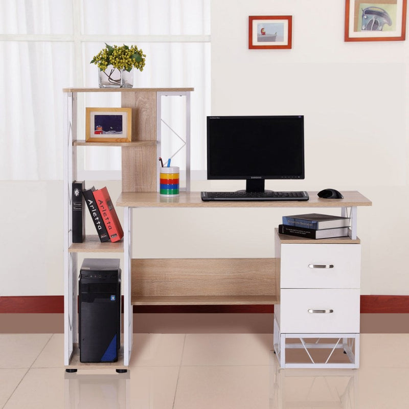 Workstation Computer Writing Desk W/2 Drawers Multi-Shelves-Oak/White