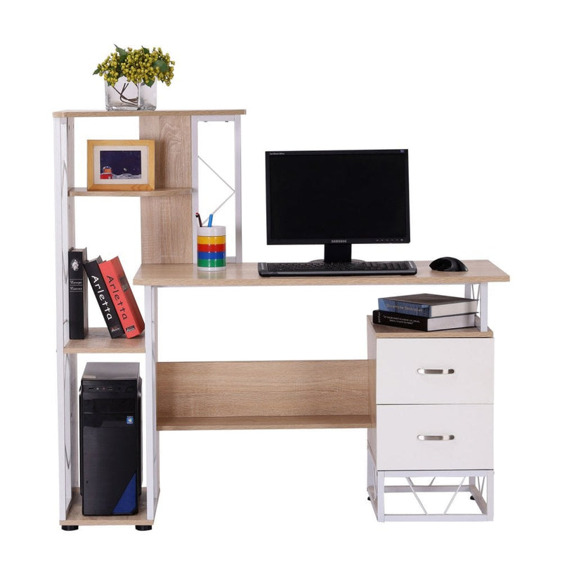 Workstation Computer Writing Desk W/2 Drawers Multi-Shelves-Oak/White