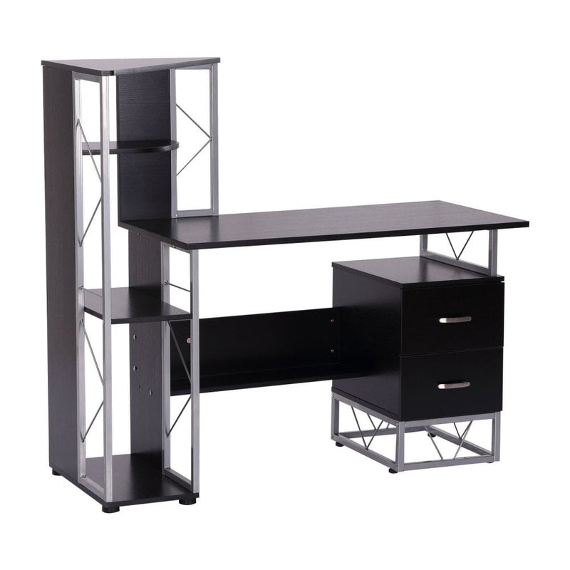 133L x 55W x 123H cm Multi-Level Steel Wood Computer Workstation Desk With Shelves And Drawers, Black