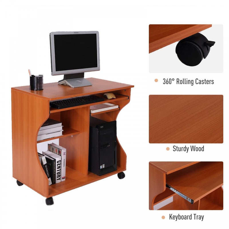 Computer Desk Laptop Writing Table Storage Shelf Workstation Wheels-Cherry Wood