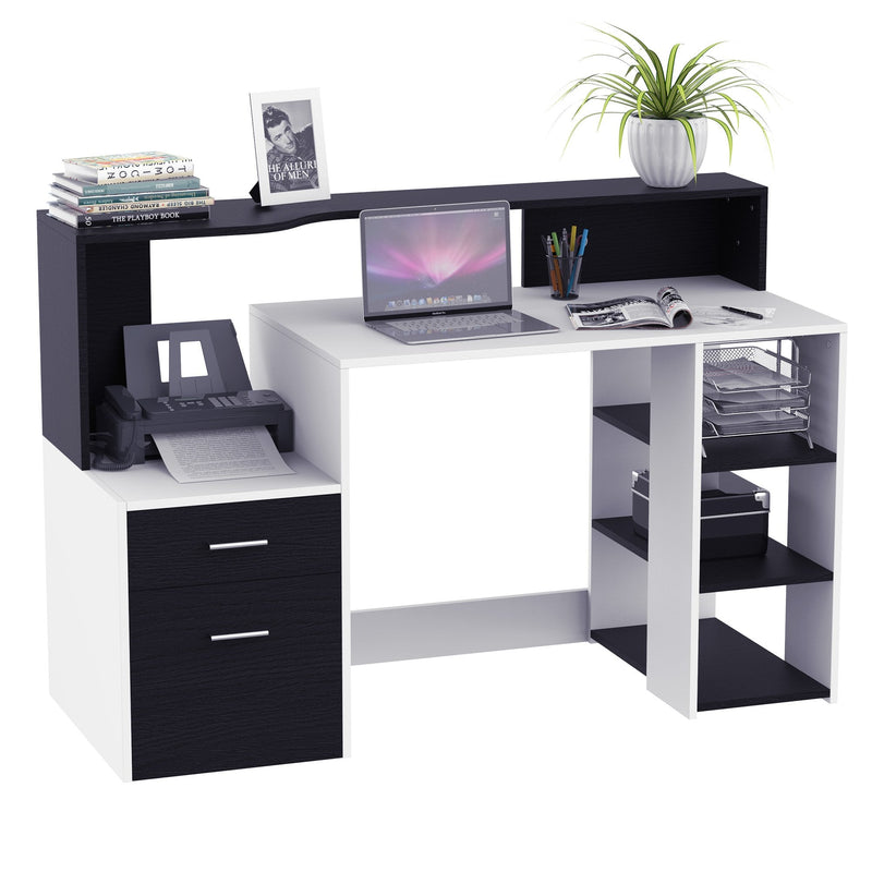 140Lx55Dx92Hcm Wooden Computer Desk Home Office Workstation Furniture Printer Shelf Rack W/Storage Drawer & Shelves-Black/White