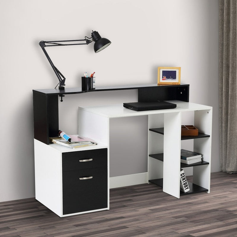 140Lx55Dx92Hcm Wooden Computer Desk Home Office Workstation Furniture Printer Shelf Rack W/Storage Drawer & Shelves-Black/White