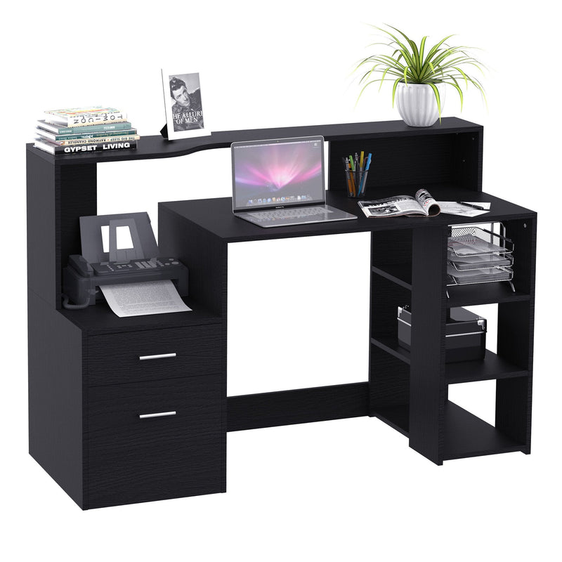 Wooden Computer Desk PC Table Modern Home Office Writing Workstation Furniture Printer Shelf Rack w/ Storage Drawer & Shelves (Black) Executive