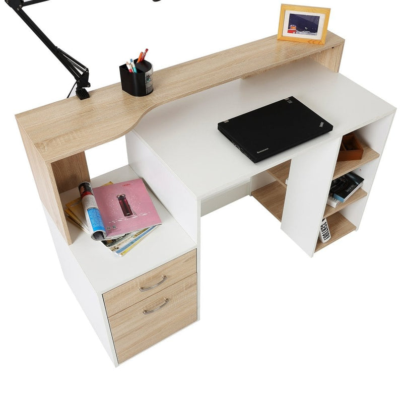 White and Wood Desk Wooden Computer Desk 140Lx55Dx92H cm Modern Home Office Writing Workstation Furniture Printer Shelf Rack Storage Drawer & Shelves