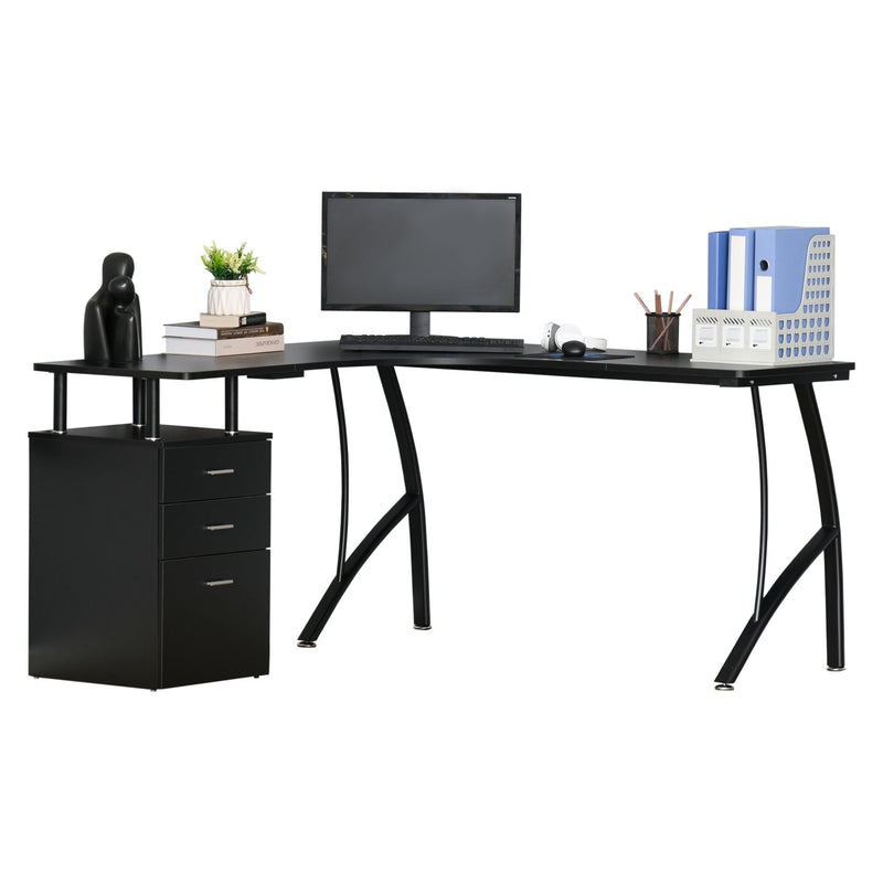 L-Shaped Computer Desk Table with Storage Drawer Home Office Corner Industrial Style Workstation, Black
