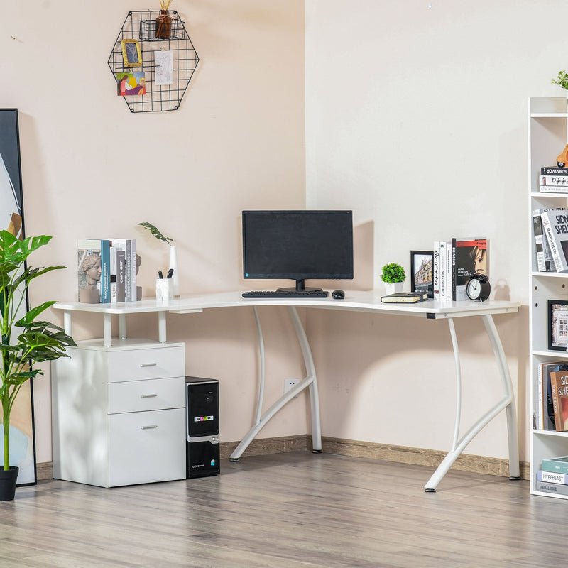 L-Shaped Computer Desk Table with Storage Drawer Home Office Corner Industrial Style Workstation, White PC