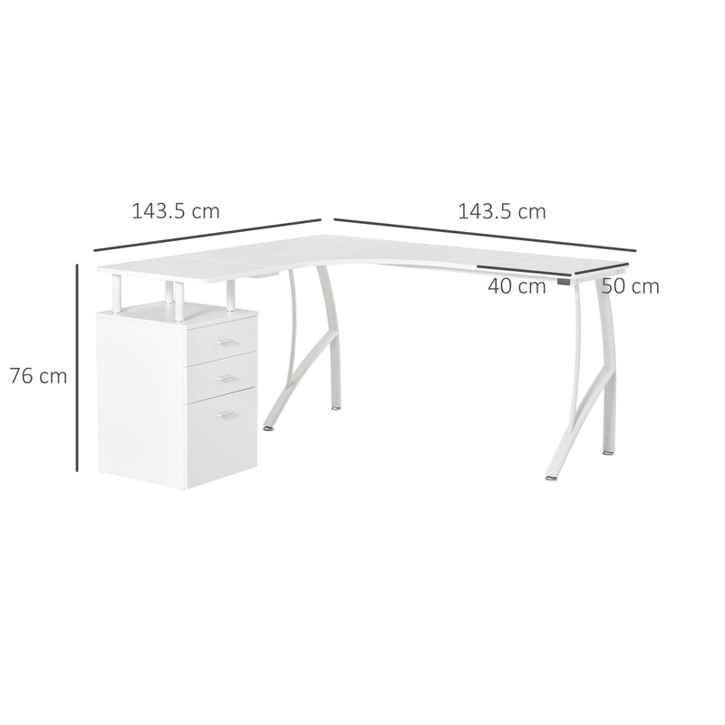 L-Shaped Computer Desk Table with Storage Drawer Home Office Corner Industrial Style Workstation, White PC