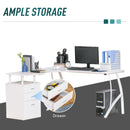 L-Shaped Computer Desk Table with Storage Drawer Home Office Corner Industrial Style Workstation, White PC