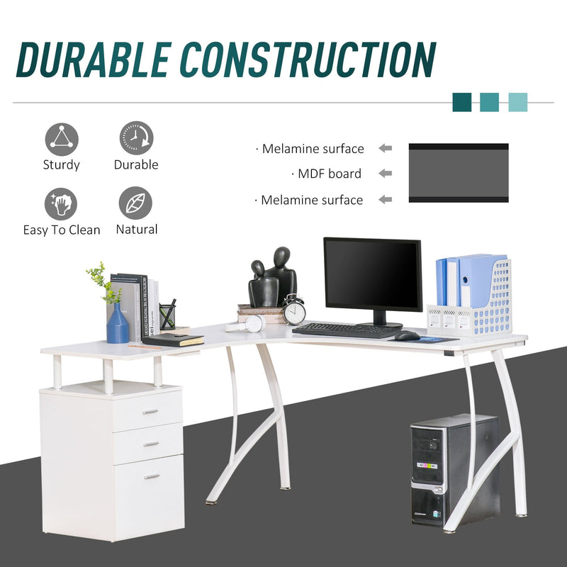 L-Shaped Computer Desk Table with Storage Drawer Home Office Corner Industrial Style Workstation, White PC