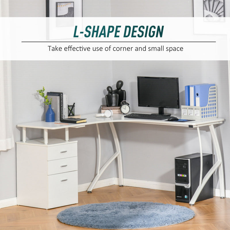 L-Shaped Computer Desk Table with Storage Drawer Home Office Corner Industrial Style Workstation, White PC