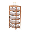 5-Drawers Storage Unit Wooden Frame with Wicker Woven Baskets Household Cabinet Chest