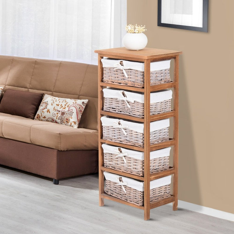 5-Drawers Storage Unit Wooden Frame with Wicker Woven Baskets Household Cabinet Chest
